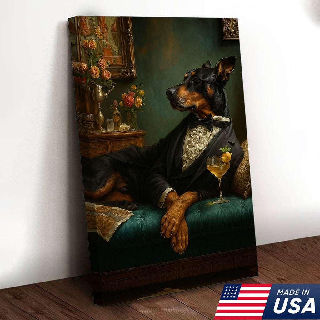 Elegant Doberman Gentleman Wall Art Canvas – Vintage Dog Portrait for Home Bar
