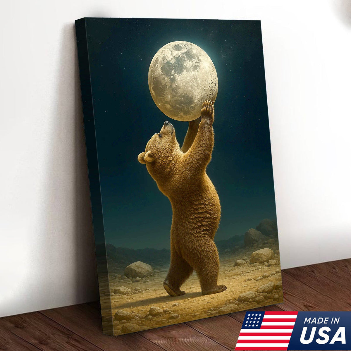 Bear Holding Full Moon Canvas Wall Art, Surreal Night Sky Decor, Rustic Cabin Nature Print