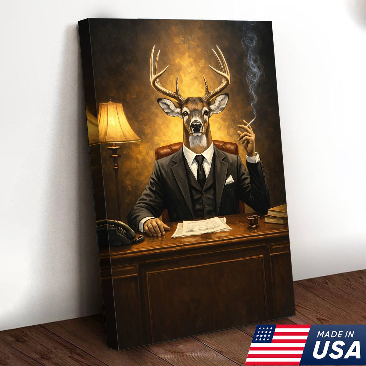 Anthropomorphic Deer Businessman Canvas Wall Art, Surreal Animal Portrait Artwork