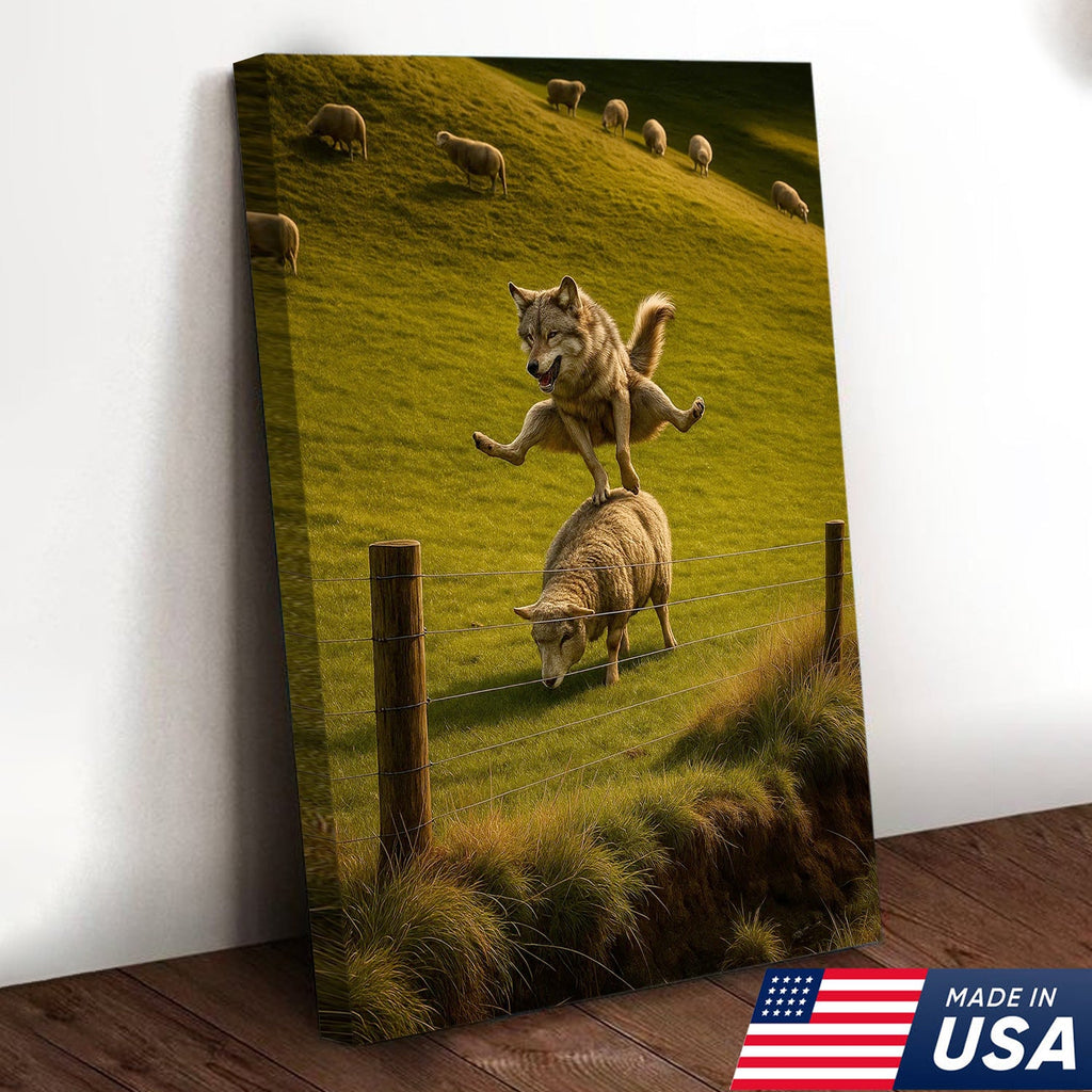 Funny Wolf and Sheep Canvas Wall Art - Hilarious Animal Jump Scene, Rustic Farmhouse Decor