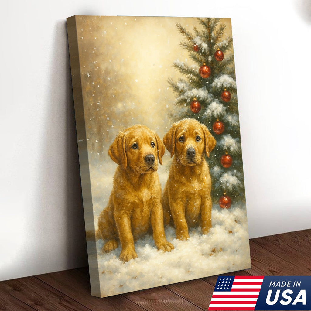 Christmas Golden Puppies Canvas Wall Art – Cute Labrador Dog Holiday Canvas Print