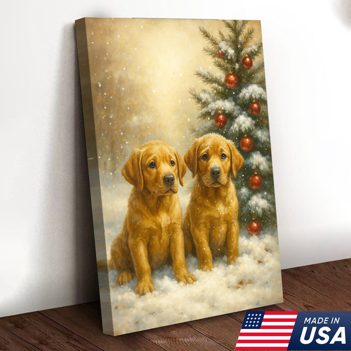 Christmas Golden Puppies Canvas Wall Art – Cute Labrador Dog Holiday Canvas Print