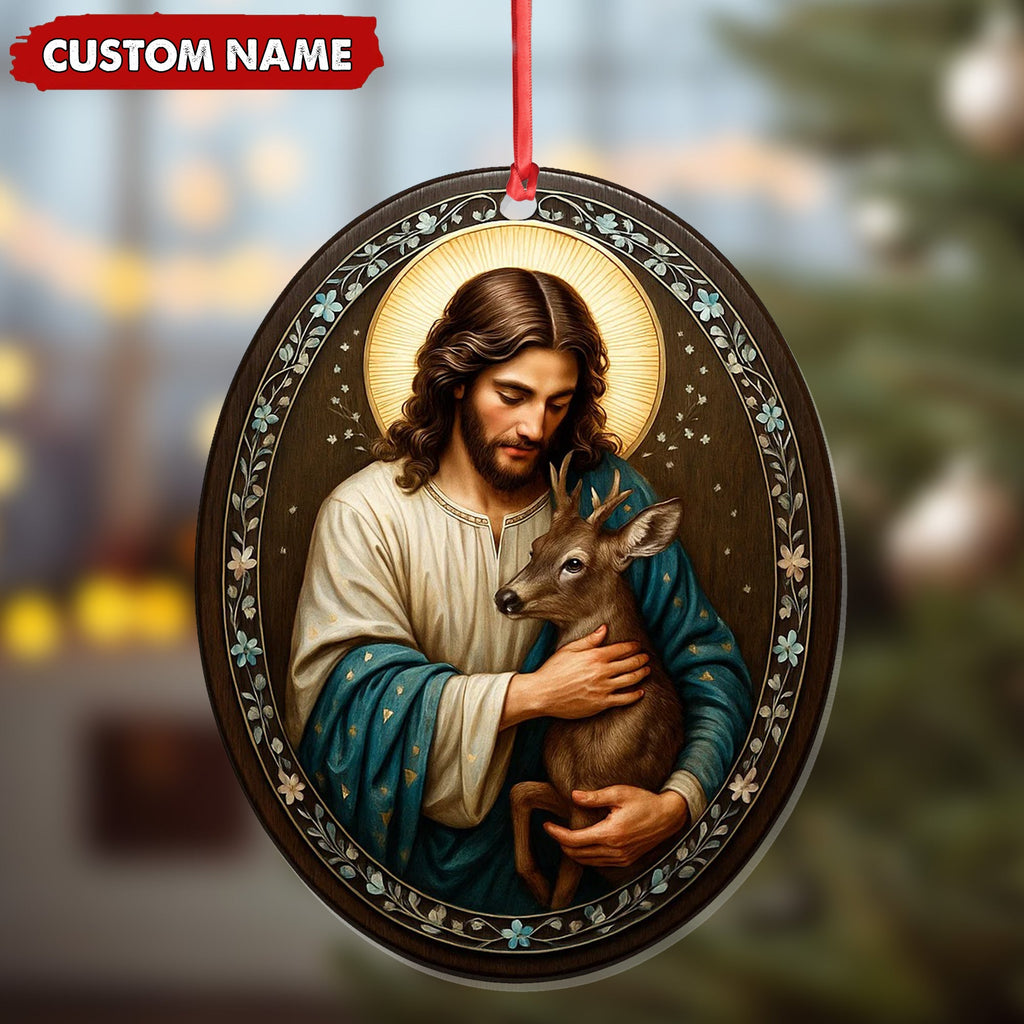 Custom Jesus Holding Deer Christmas Ornament, Personalized Name Christian Tree Decoration, Religious Woodland Gift for Faith Family