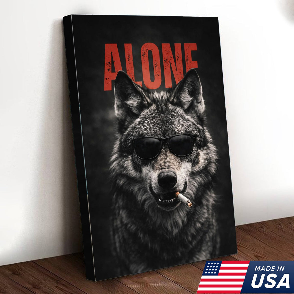 Alpha Lone Wolf Canvas Wall Art, Cool Wolf Portrait with Sunglasses