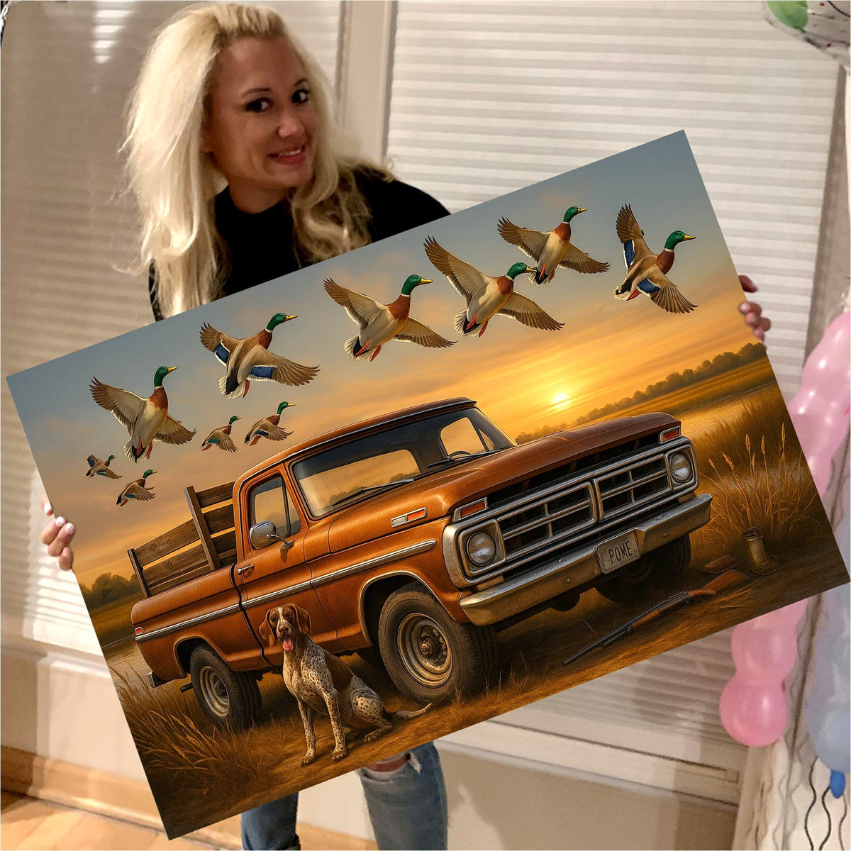 Rustic Hunting Canvas Wall Art – Vintage Pickup Truck with Hunting Dog & Flying Mallard Ducks at Sunset
