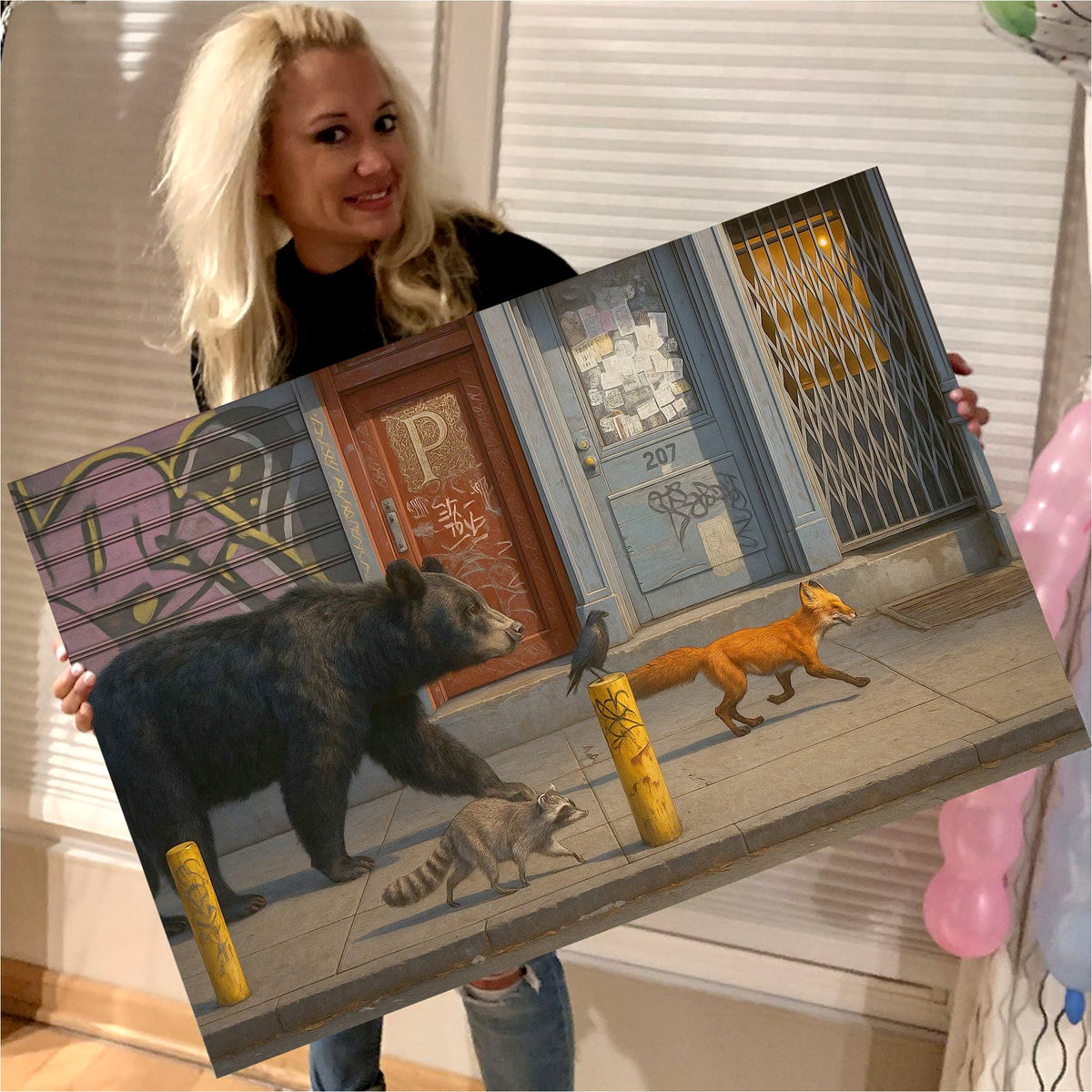 Urban Wildlife Parade Canvas Wall Art, Bear Fox Raccoon Crow Street Scene, Graffiti City Decor