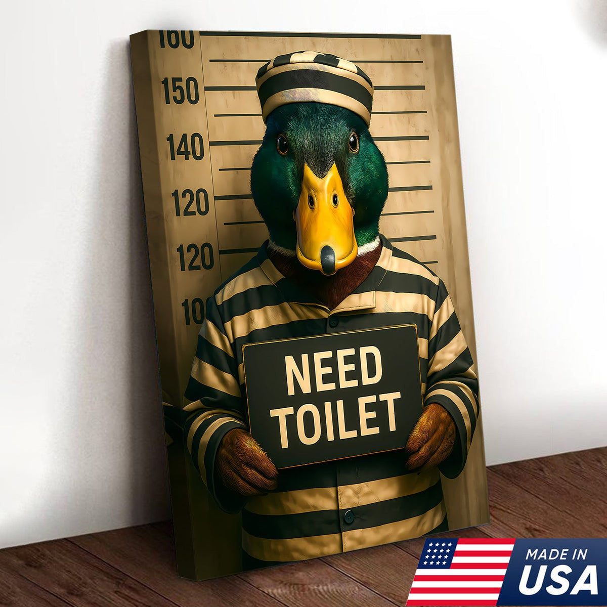 Funny Duck Mugshot Canvas – Bathroom Wall Art for Men, Toilet Humor Decor, Gag Gift Idea