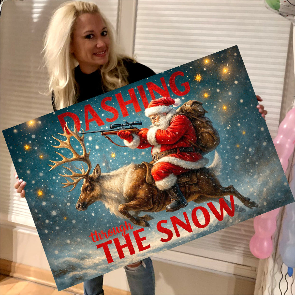 Santa Riding Reindeer Canvas Wall Art, Funny Christmas Decor, Rustic Winter Cabin Decoration for Holiday Lovers