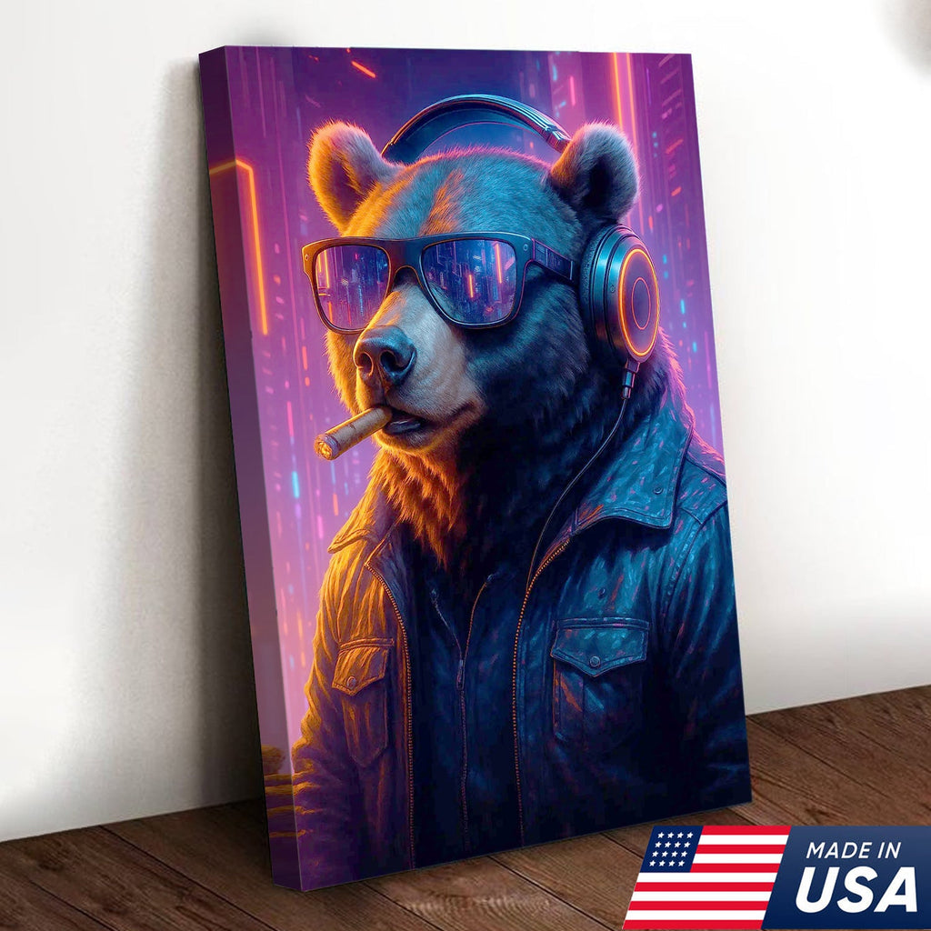 Cyberpunk Bear Wall Art Canvas, Cool DJ Bear with Headphones Neon City Decor
