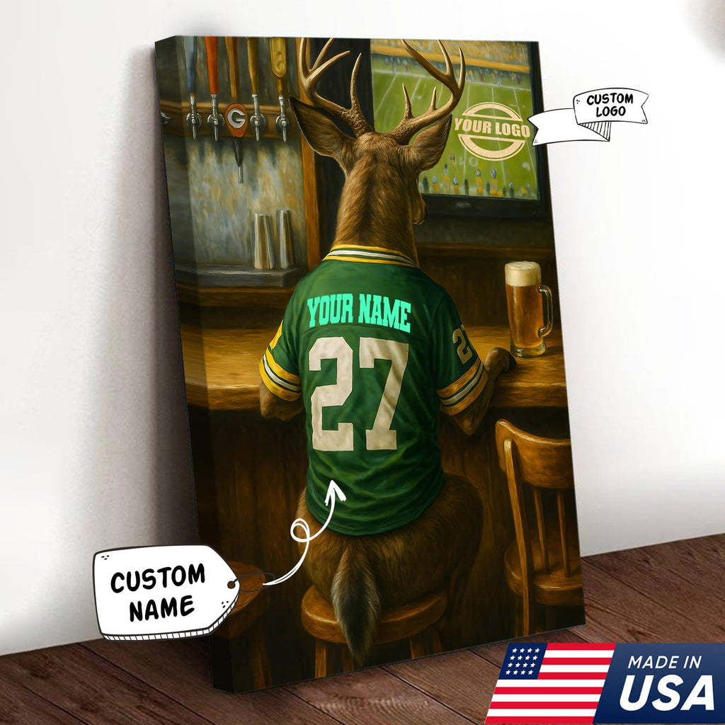 Custom Deer Football Canvas Wall Art – Personalized Deer Watching Sports Drinking Funny Sports Bar Decor