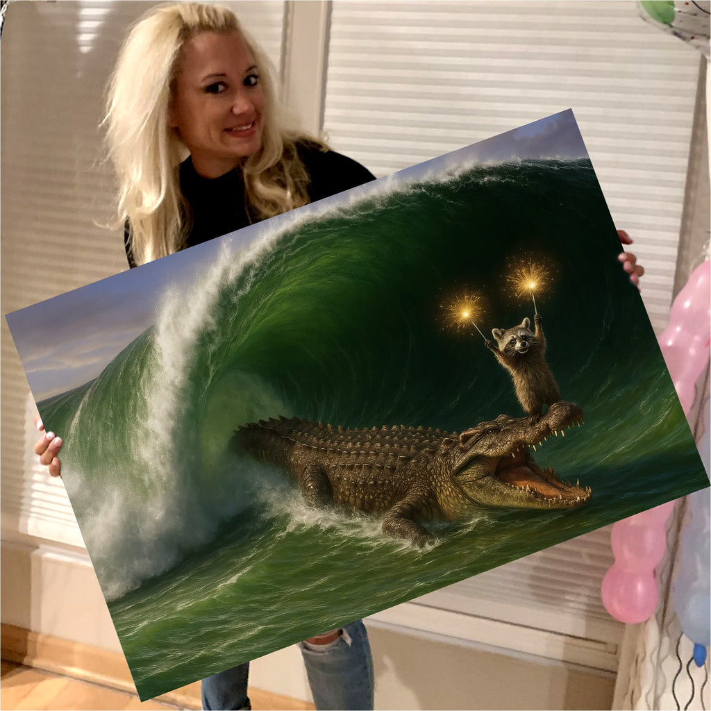 Crocodile Surfing Canvas Wall Art, Raccoon with Sparklers Fantasy Animal