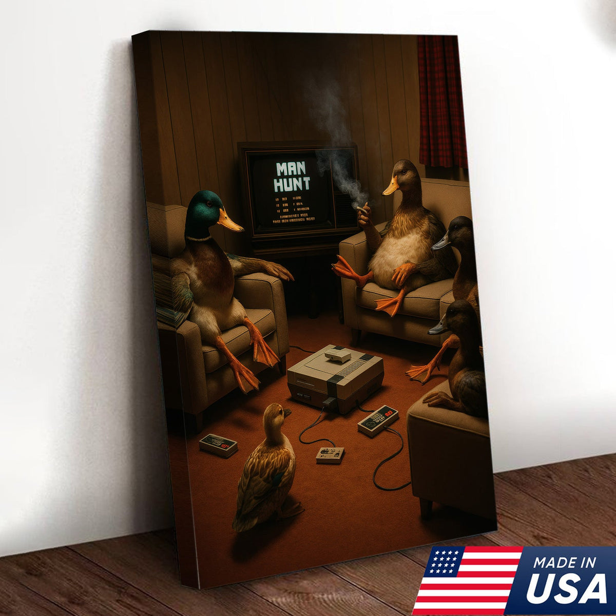 Funny Duck Hunter Retro Canvas Wall Art– Man Hunt Vintage Game Room Wall Art for Hunters