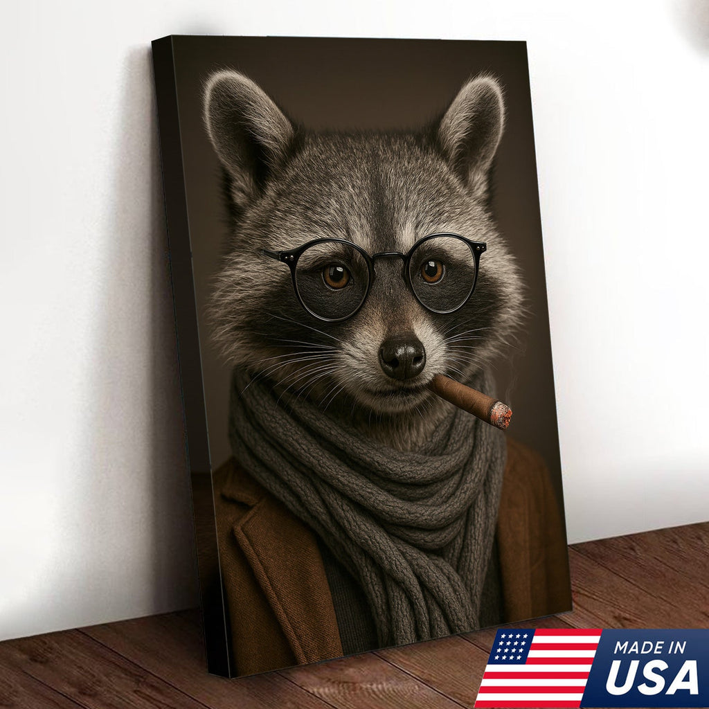 Gentleman Raccoon Cigar Wall Art Canvas – Stylish Animal Portrait for Bar