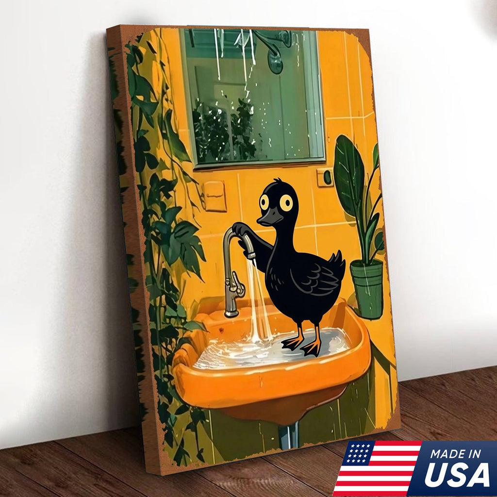 Funny Black Duck Bathroom Canvas Wall Art – Whimsical Bird in Sink Illustration