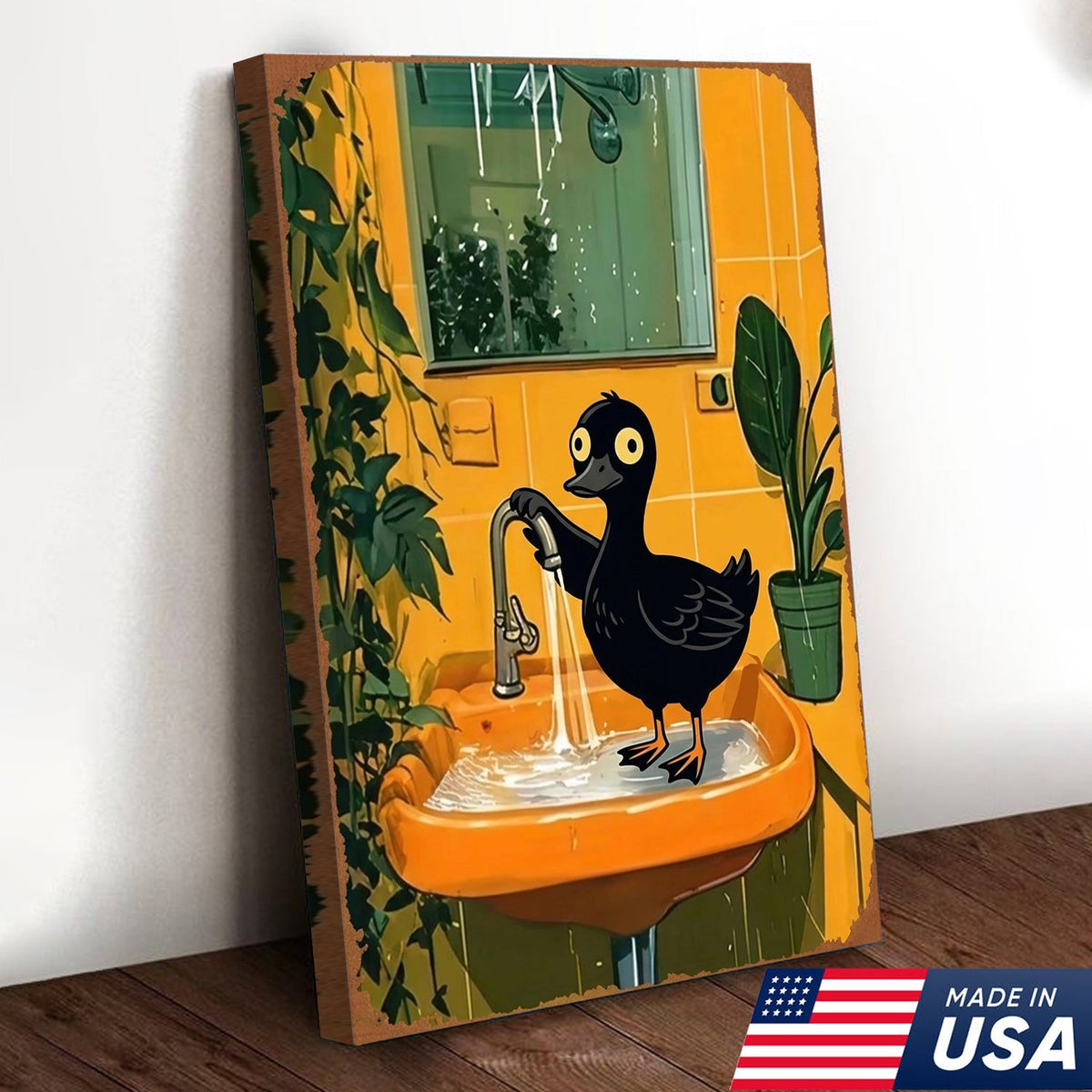 Funny Black Duck Bathroom Canvas Wall Art – Whimsical Bird in Sink Illustration