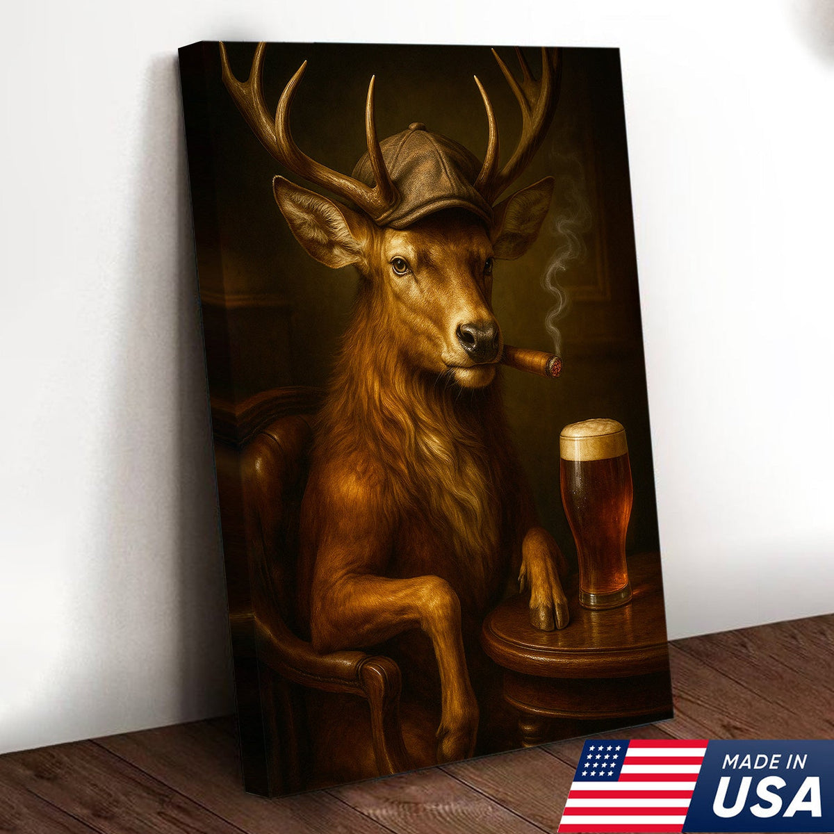 Classy Deer Smoking Cigar Canvas – Rustic Beer Lover Wall Art for Cabin & Man Cave