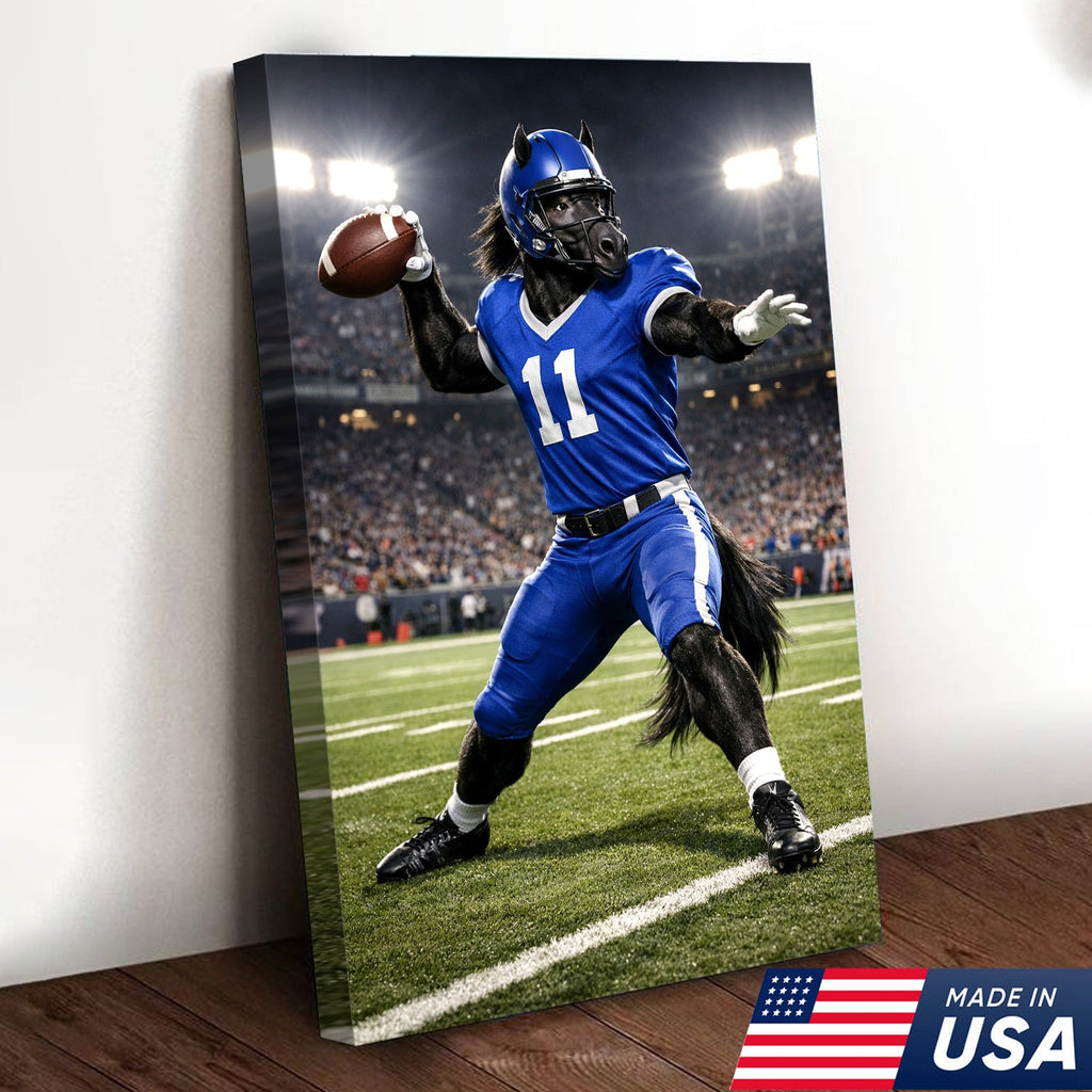 Power Stallion Quarterback Canvas Wall Art – Blue Uniform Horse Athlete Action Print