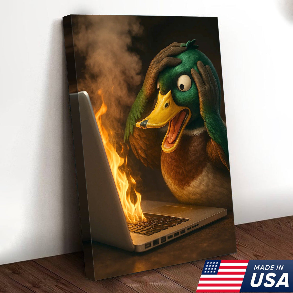 Funny Duck Screaming at Burning Laptop Canvas Wall Art, Hilarious Tech Fail Gift