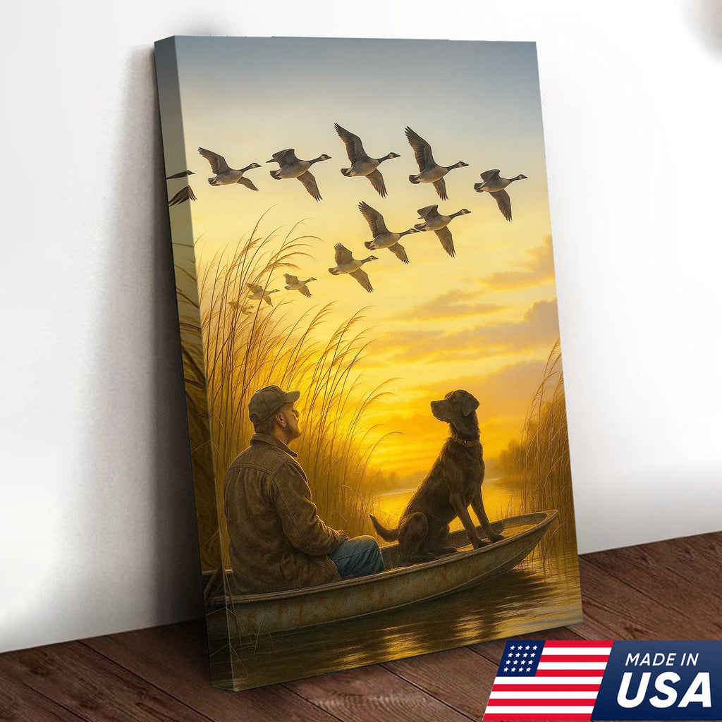 Waterfowl Hunting Wall Art – Duck Flock at Dawn, Hunter & Retriever In Boat, Rustic Decor