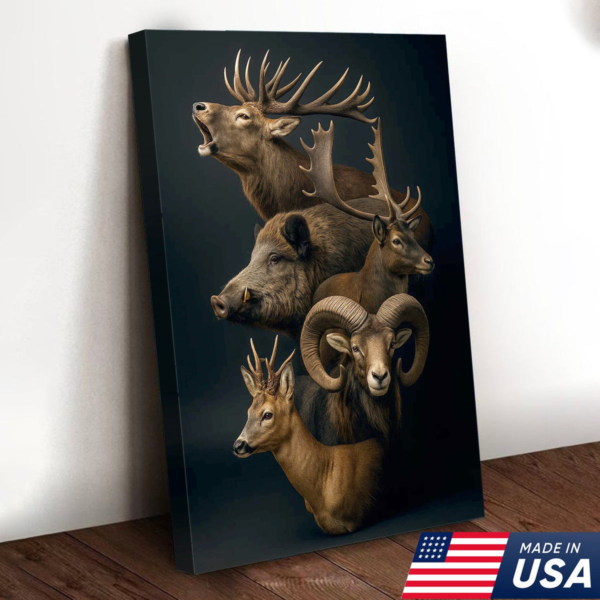 Wild Game Animal Canvas Wall Art, Deer Boar Ram Elk Artwork, Rustic Cabin Decor for Hunters