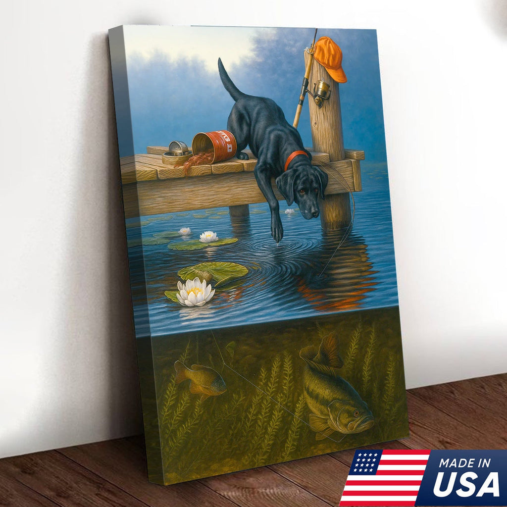 Black Lab Fishing Dock Canvas Wall Art, Lake House Decor, Bass Fish Underwater Split View