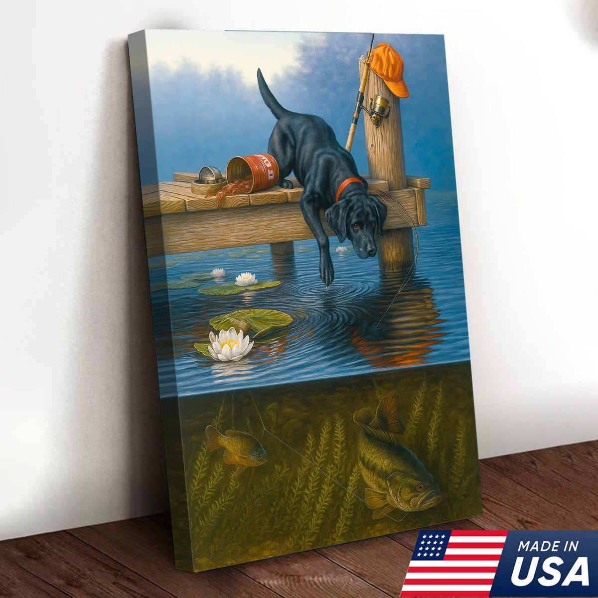 Black Lab Fishing Dock Canvas Wall Art, Lake House Decor, Bass Fish Underwater Split View