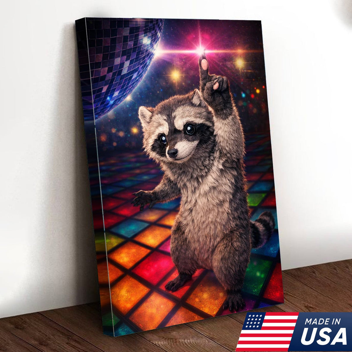 Disco Raccoon Wall Art Canvas Print, Funny Dancing Animal Illustration
