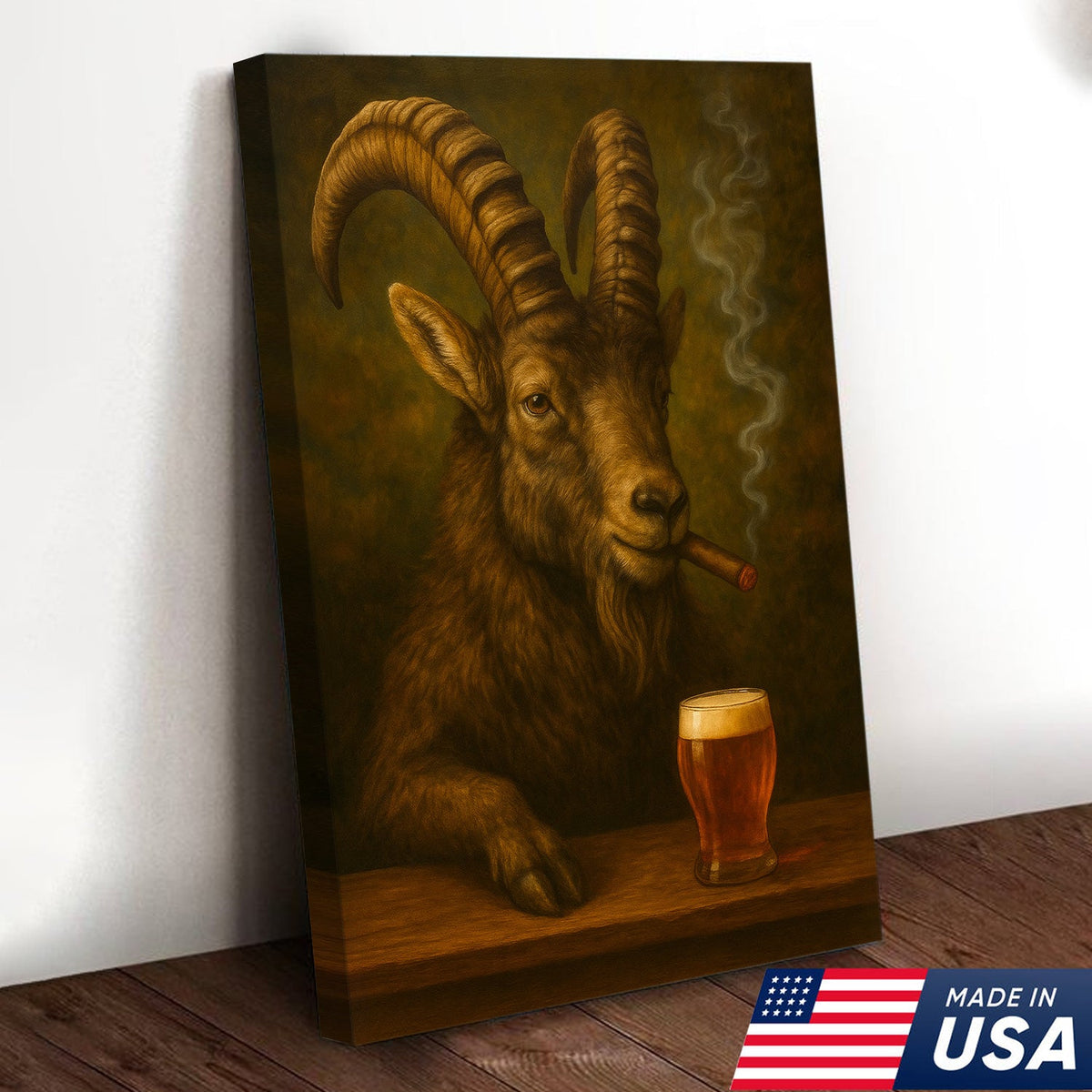 Funny Mountain Goat Smoking & Beer Canvas Wall Art - Hunting Perfect Gift for Hunters