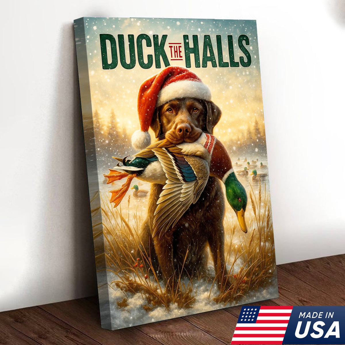 Duck The Halls Christmas Hunting Dog Canvas Art, Funny Holiday Wall Decor for Hunters