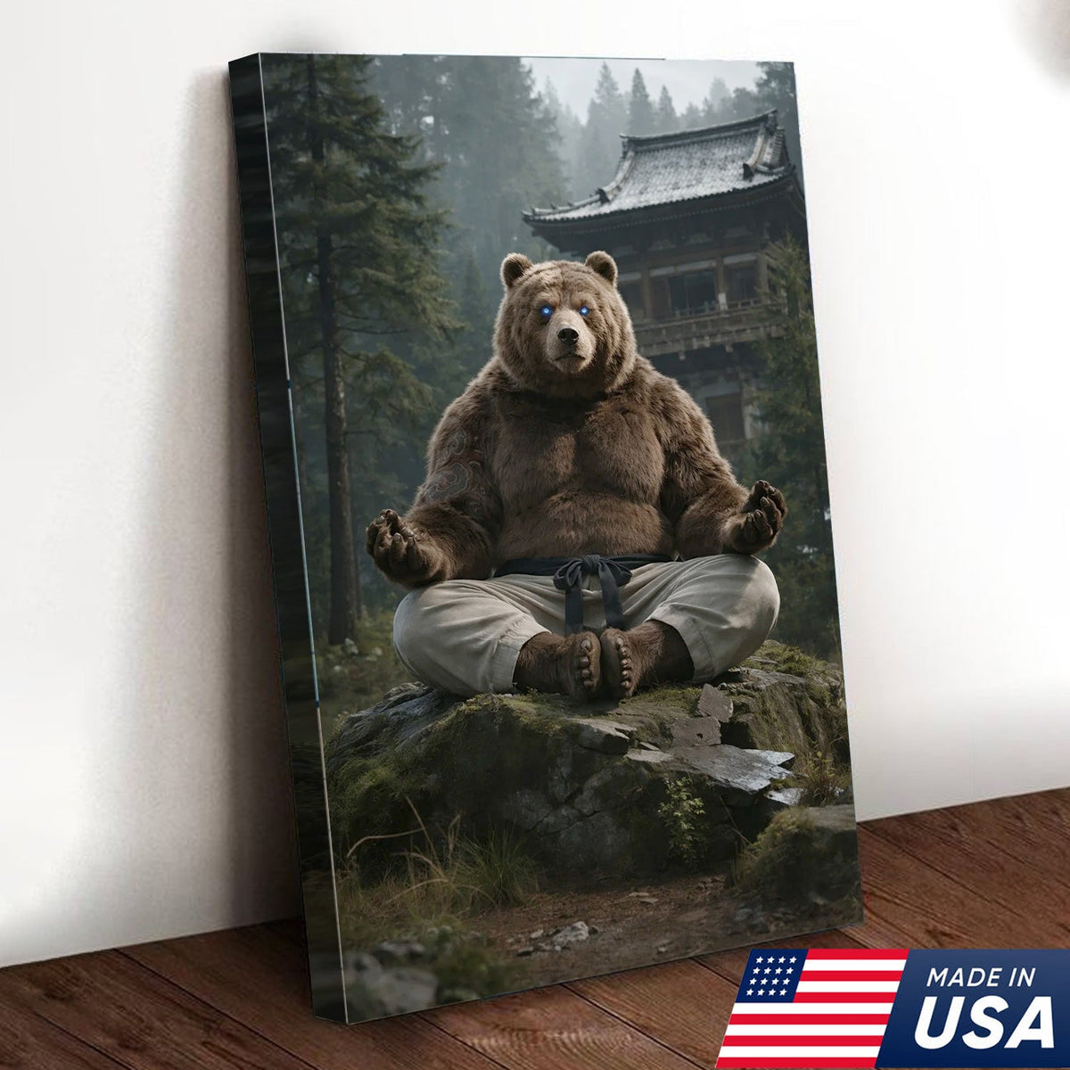 Zen Meditating Bear Canvas Wall Art, Martial Arts Bear in Forest Temple