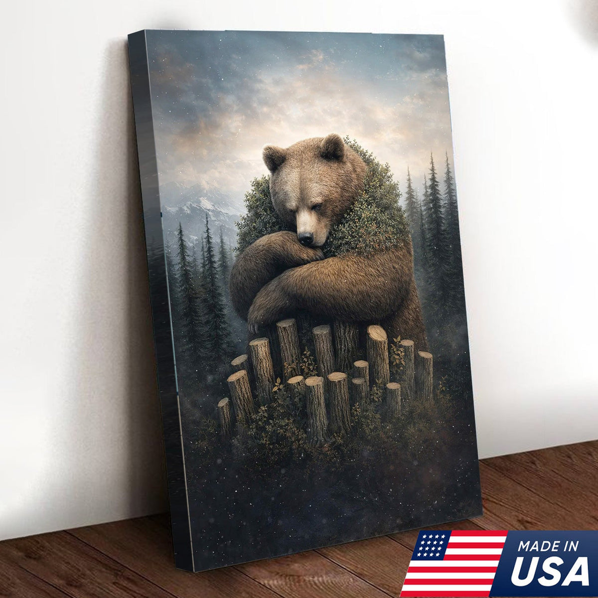 Gentle Bear Forest Canvas Wall Art, Whimsical Nature Bear Illustration