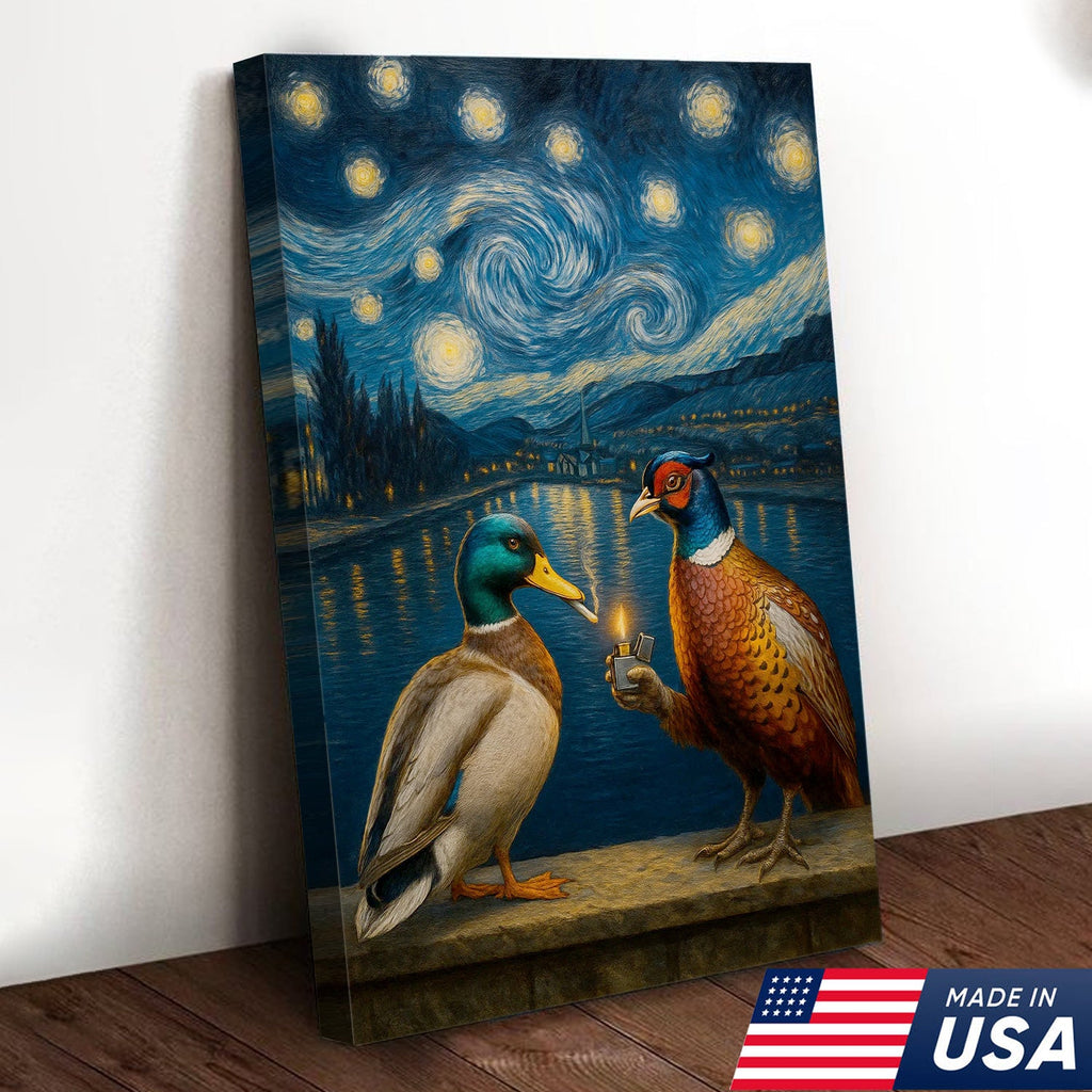 Starry Night Duck and Pheasant Canvas Wall Art, Van Gogh Inspired Wildlife Painting