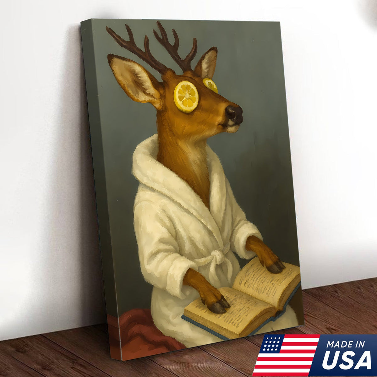 Funny Deer Spa Portrait Wall Art – Relaxing Deer With Lemon Eyes, Whimsical Animal Painting