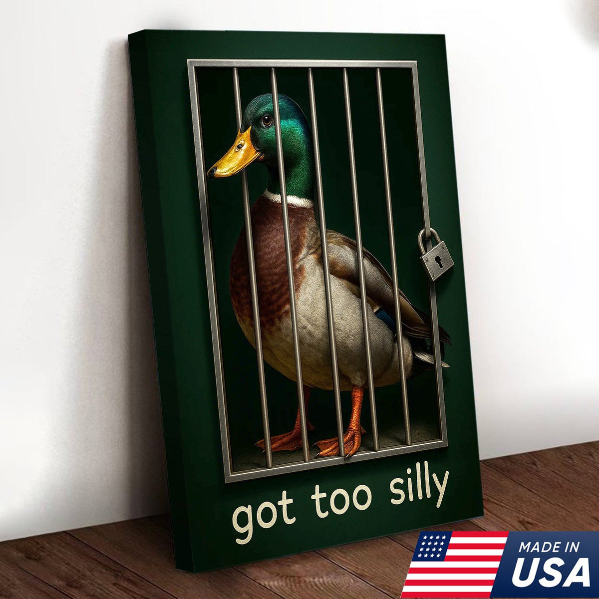 Silly Duck Canvas Wall Art – Funny Mallard Jail Print – Unique Rustic Cabin or Bathroom Decor