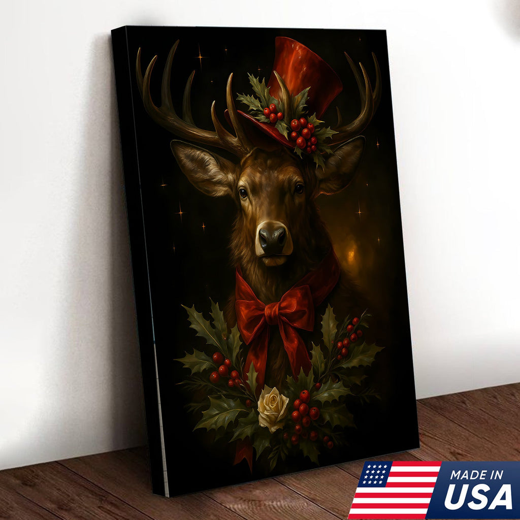 Christmas Deer Canvas Wall Art – Rustic Holiday Decor for Cabin & Lodge