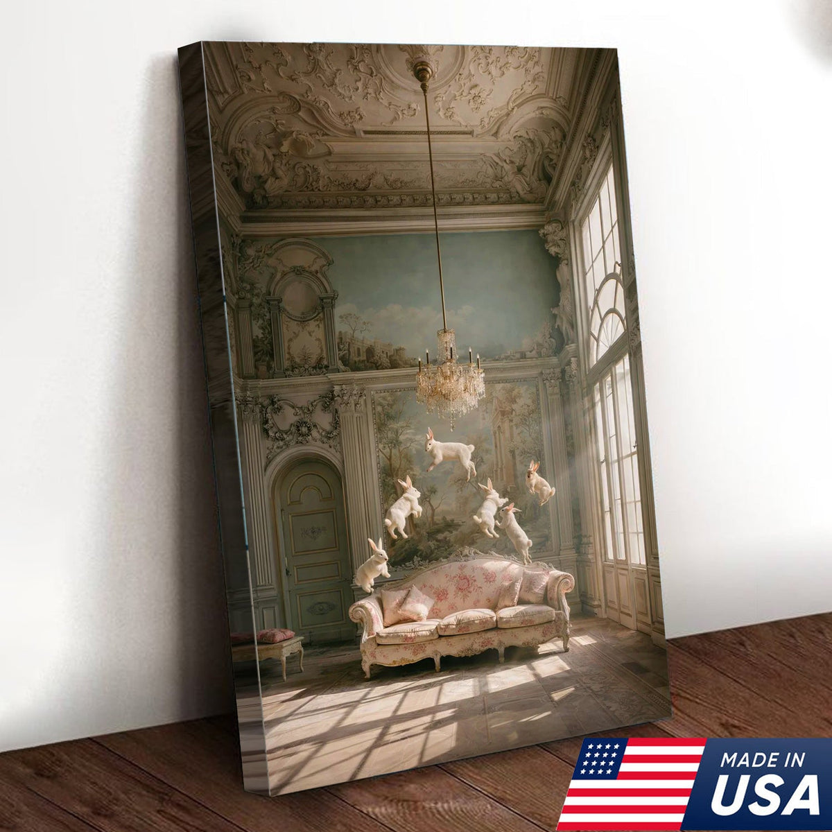 Surreal Floating Rabbits Canvas Wall Art, Dreamy Bunny Dance in Elegant Palace Interior