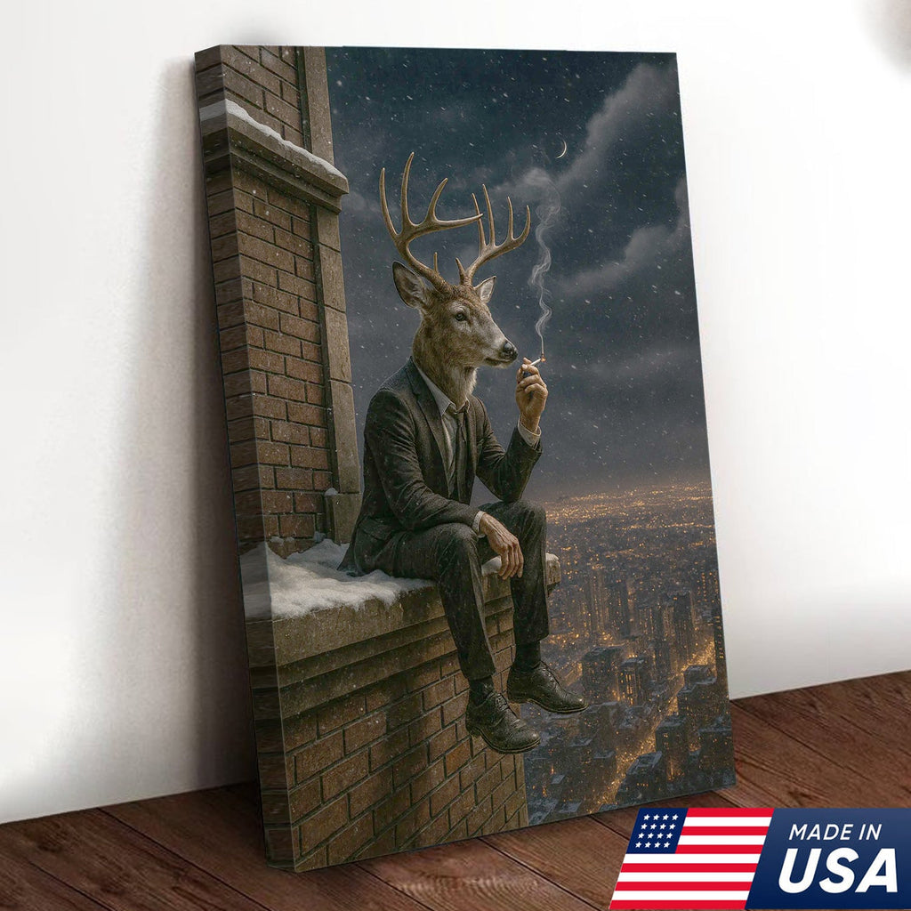 Surreal Deer Man Canvas Wall Art, Anthropomorphic Animal City Night Artwork