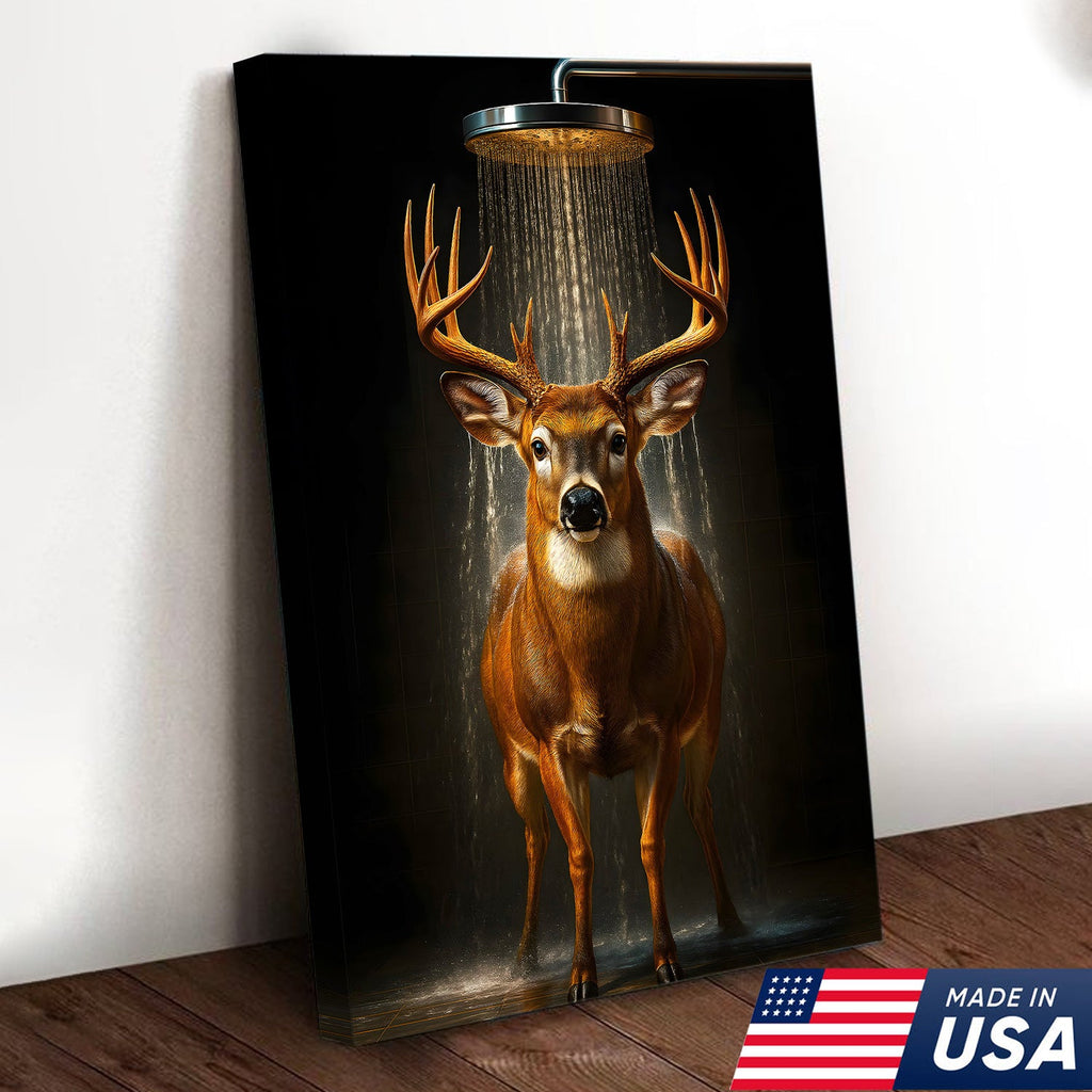 Funny Deer Shower Canvas Wall Art, Whimsical Buck Bathroom Decor