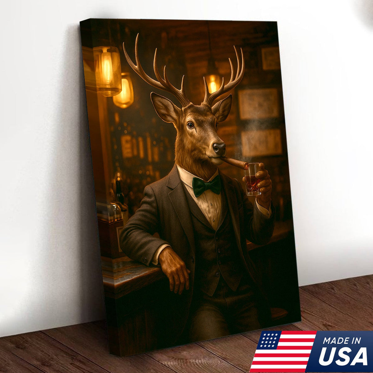 Deer Gentleman Wall Art – Classy Drinking & Smoking Canvas for Bar, Lodge & Man Cave Decor
