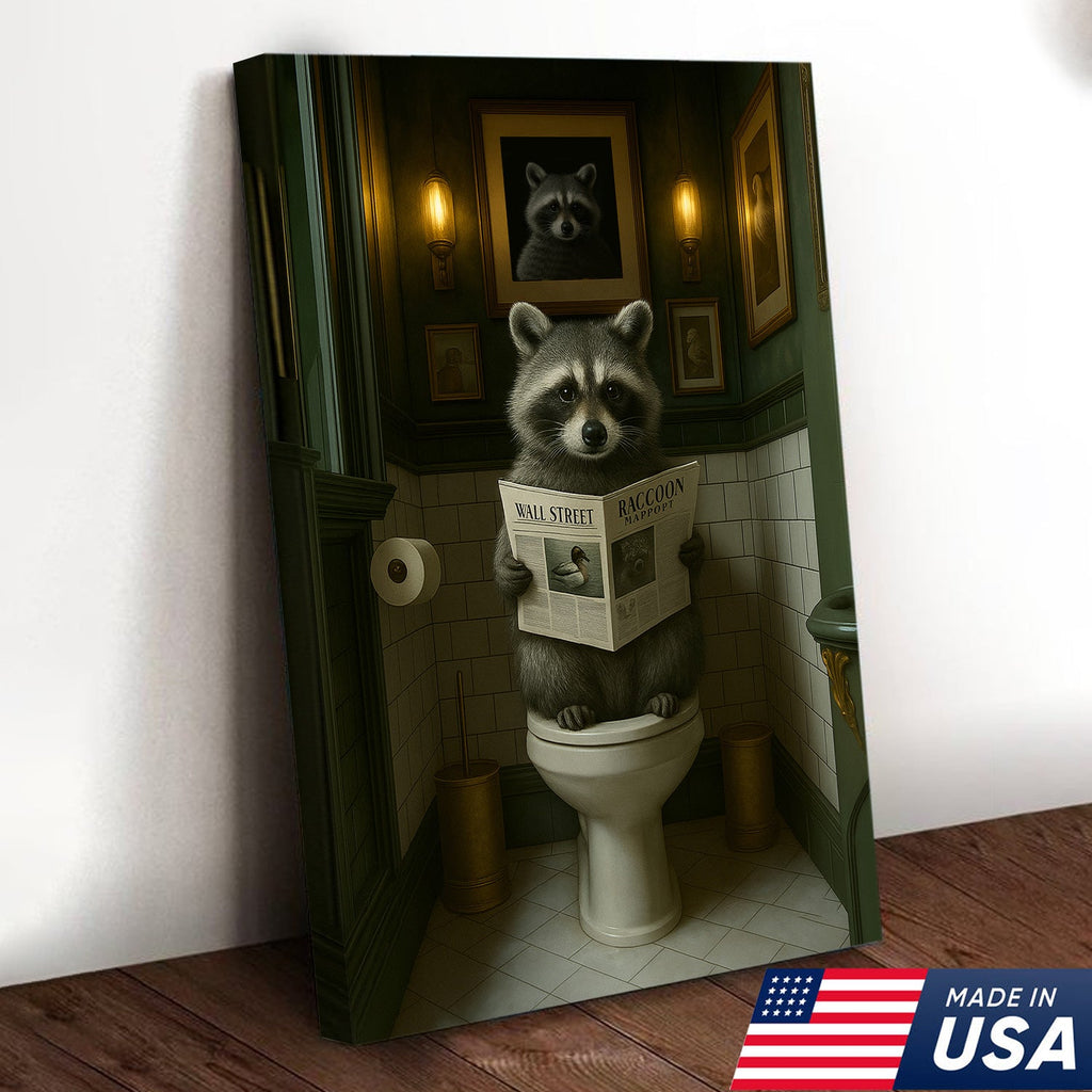 Funny Raccoon Bathroom Wall Art – Rustic Toilet Humor Cabin Canvas Decor