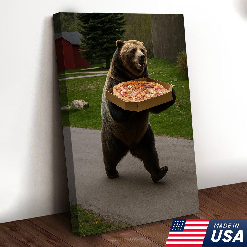 Funny Bear Pizza Canvas Wall Art, Humorous Kitchen Foodie Decor Print