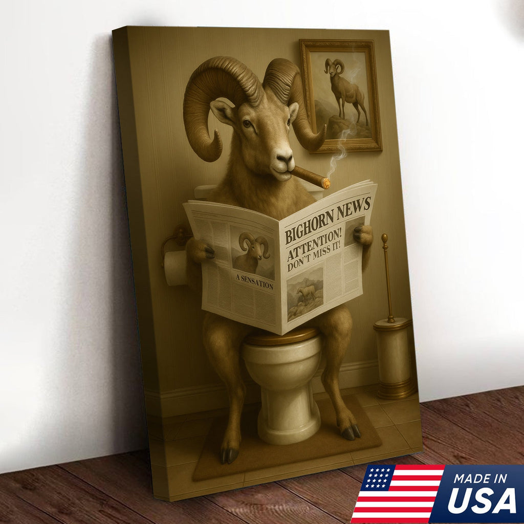 Bighorn Sheep Reading Newspaper Canvas – Funny Bathroom Wall Art for Rustic Cabin