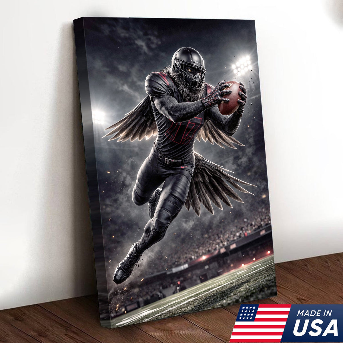 Dark Raven Football Canvas Wall Art – Black Winged Athlete Stadium Action Print