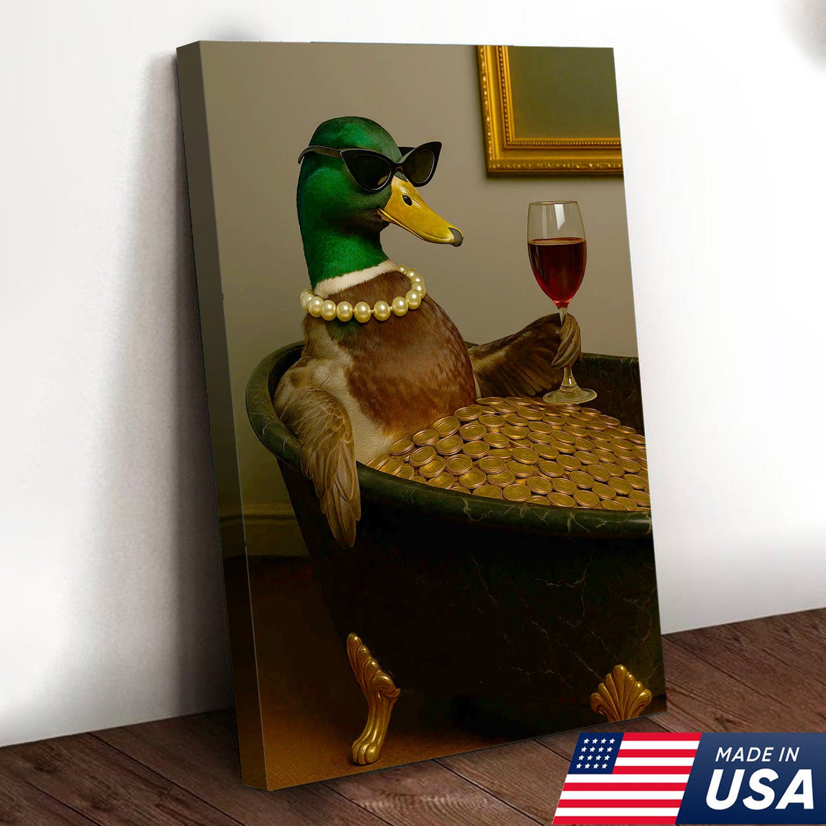 Luxury Duck Canvas Art – Funny Rich Duck in Gold Bathtub, Glam Animal Portrait Wall Decor