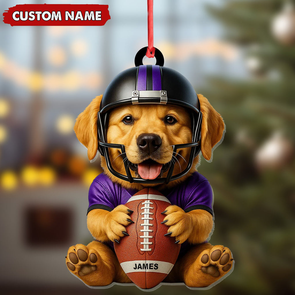 Personalized Football Puppy Christmas Ornament, Custom Name Dog in Helmet Holding Ball, Cute Pet Lover Tree Decoration