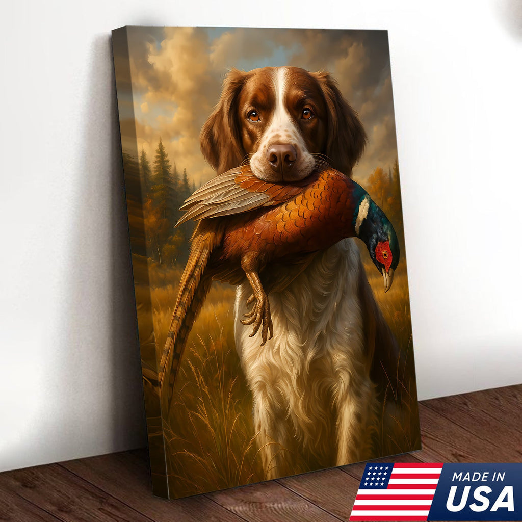 Upland Hunting Dog Canvas Wall Art – Brittany with Pheasant, Rustic Cabin Decor