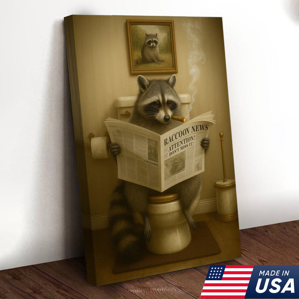 Funny Raccoon Bathroom Canvas Wall Art – Rustic Lodge Cabin Decor Toilet Humor