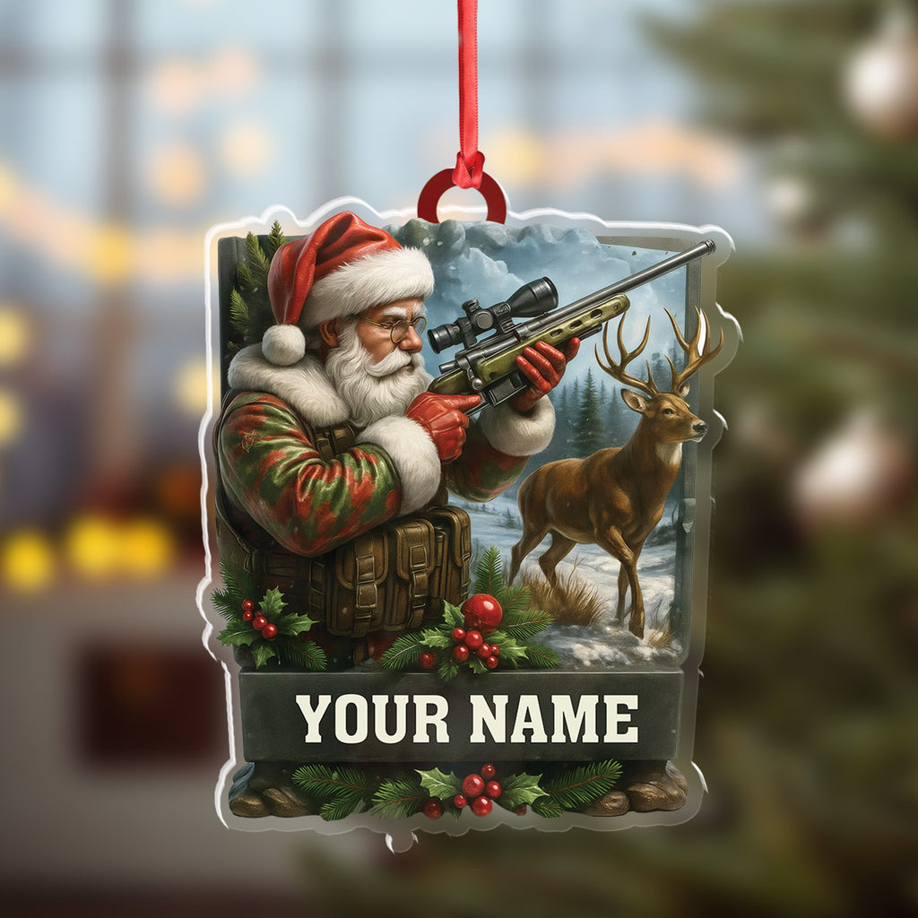 Custom Name Santa Hunter Ornament, Deer Hunting Christmas Tree Decor, Personalized Camo Gift