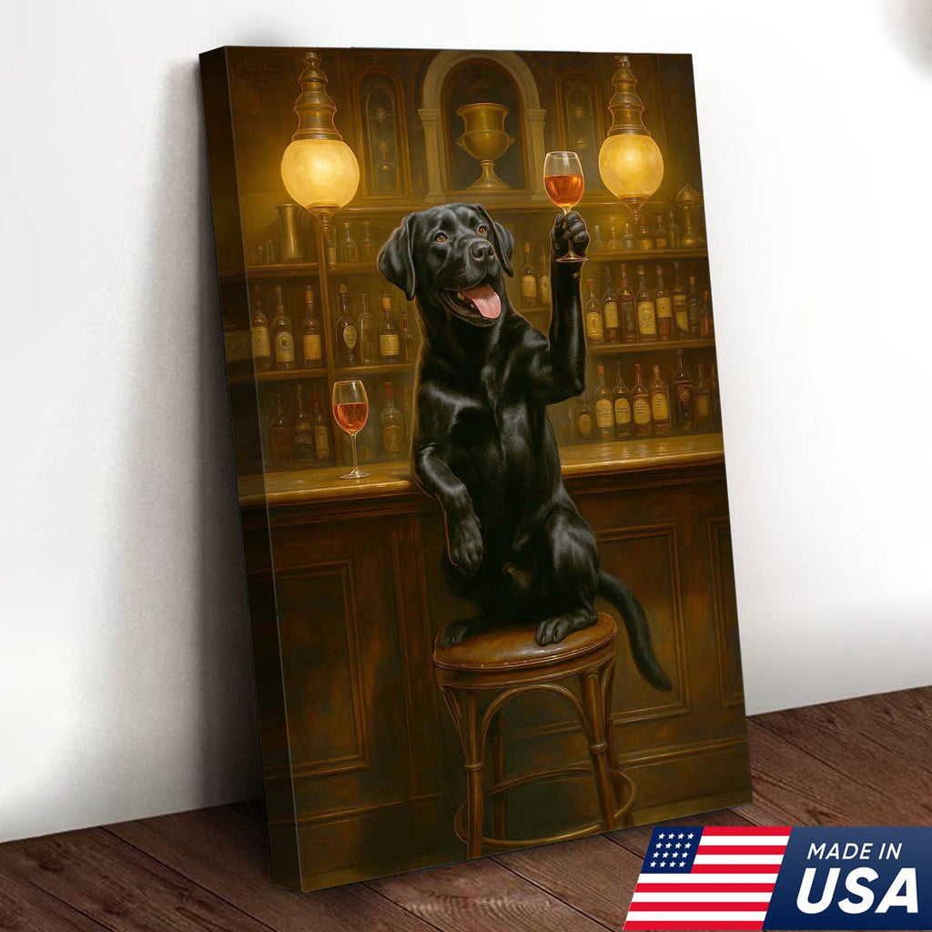 Bar Dog Canvas Art – Cheerful Black Labrador Raising a Fancy Drink