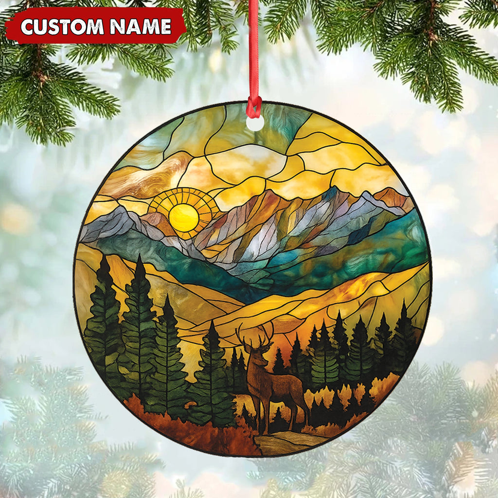 Personalized Deer Stained Glass Acrylic Ornament – Mountain Sunrise Christmas Tree Decoration Gift